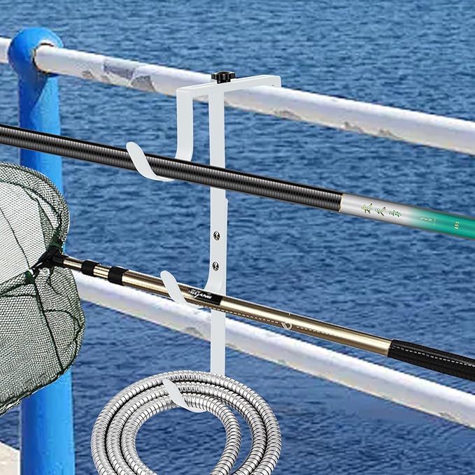 2Pcs White Pool Pole Hangers, Adjustable Heavy Duty Swimming Pool Fence Hooks for Pool Equipment, Skimmers, Leaf Rakes, Nets, Brushes, Vacuum Hose, Garden Tool Organizer