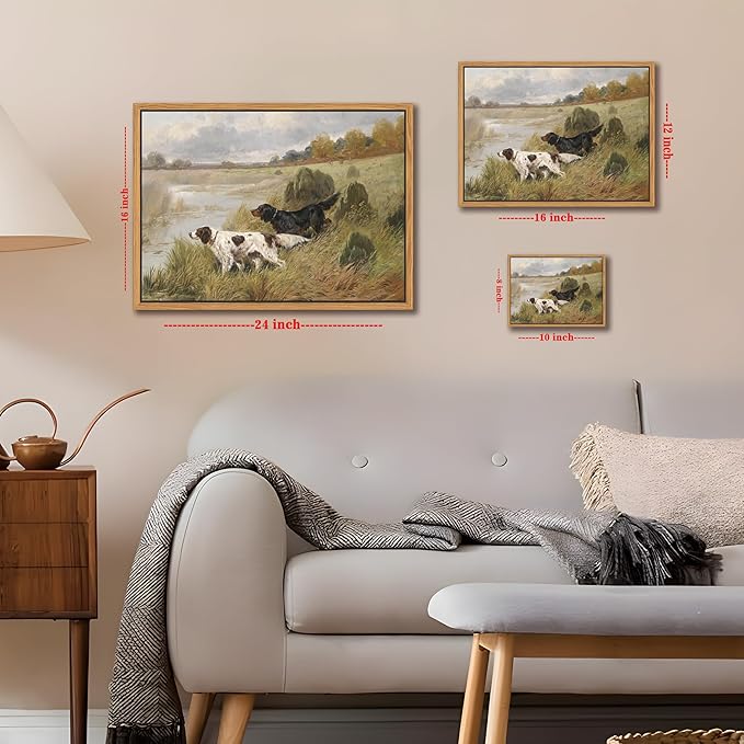 Floating Framed Vintage Hunting Dog Wall Art, Classic Countryside Landscape