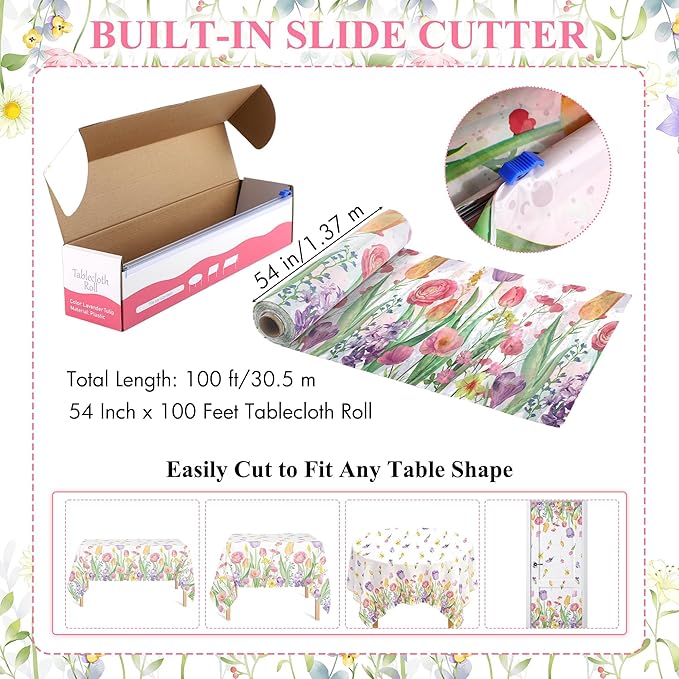 Kochorie 100 Ft x 54 Inch Spring Flower Tulip Tablecloth Roll Plastic Floral