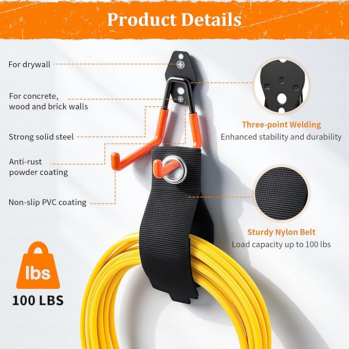 Housolution Steel Garage Hooks - 30Pack Anti-Slip Coating, Heavy Duty Wall Mount Hooks for Bikes, Garden Tools, Ladders, Hose, Bulk Items Ropes, Garage Tool Organizer with Extension Cord Wrap, Orange