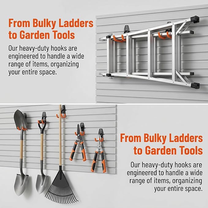 16 Pack Garage Hooks Heavy Duty, Industrial Wall Mount Garage Storage Hooks for Hanging Bike, Ladder and Garden Tools, Organization System with Mop Broom Holders, 100 LBS Capacity, Orange
