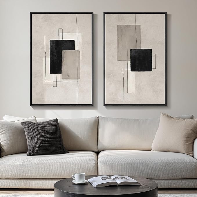 Large Framed Neutral Abstract Wall Art Set of 2, Minimalist Block Lines Pictures