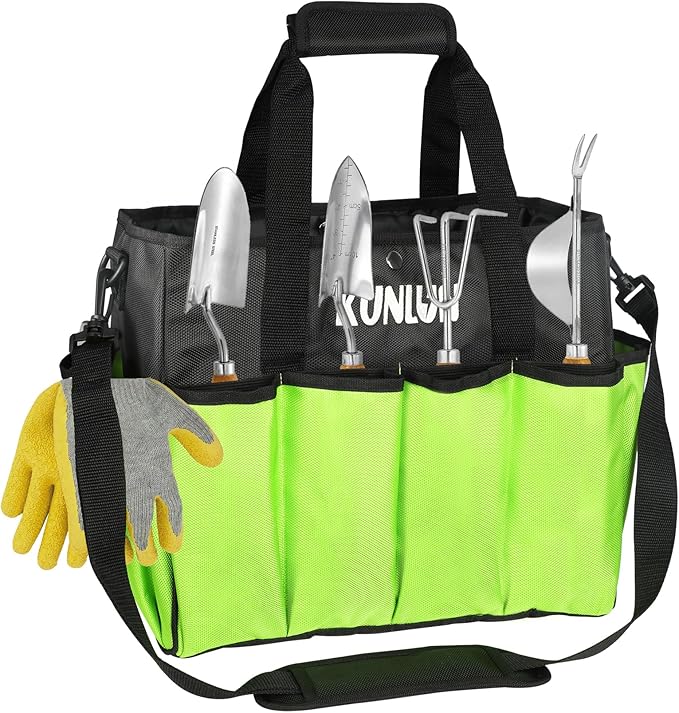KUNLUN Gardening Tote Bag, Garden Tool Bag with 14 Pockets & Elastic Belt, Heavy Duty Standable Garden Tote Storage Bag with Long Adjustable Shoulder Strap for Indoor and Outdoor Use