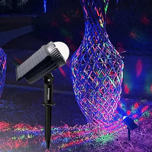 Outdoor Solar RGB Color-Changing Projection Lights, IP65 Waterproof 150Â° Adjustable LED Landscape Spotlights for Yard & Party Decoration