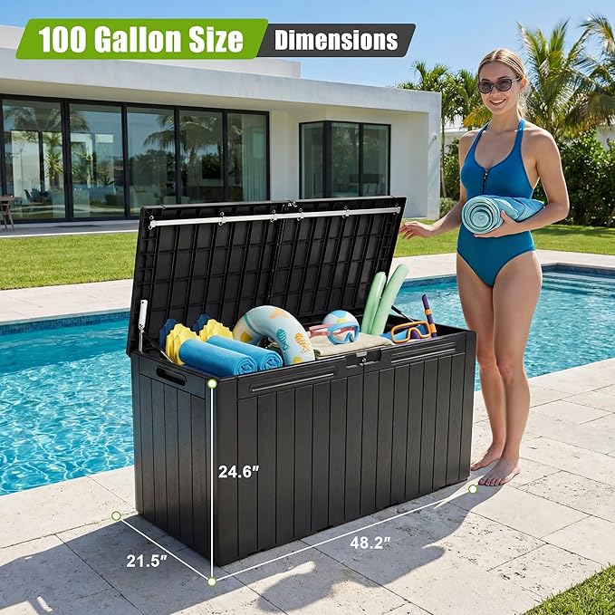 Flamaker Resin Deck Box 100 Gallon Large Lockable Outdoor Storage Box Waterproof Deck Chest for Patio Cushions, Garden Tools, Accessories (Black)