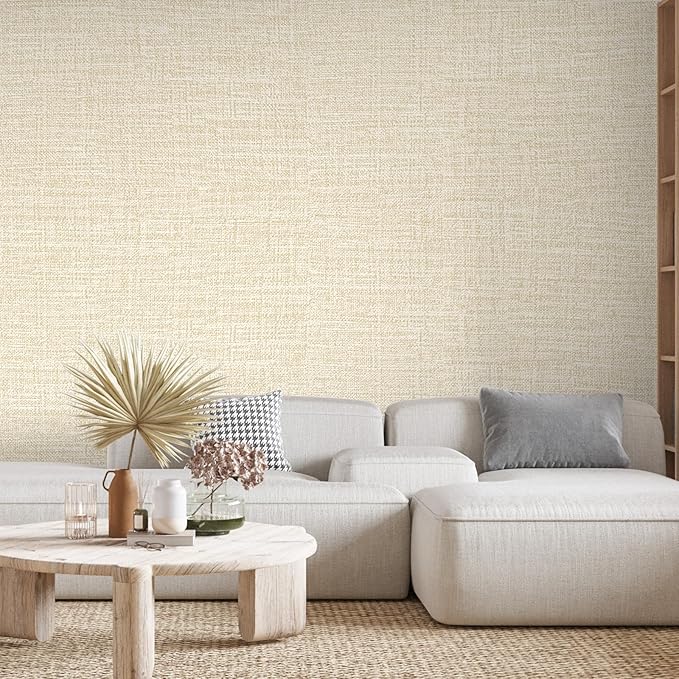 Beige Grasscloth Peel and Stick Wallpaper 17.3"x160" Faux Linen Textured