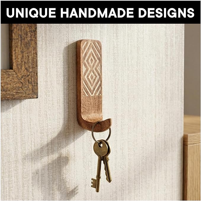 Indian Shelf 10 LB Decorative Wood Adhesive Wall Hooks–Boho Peel and Stick Hooks