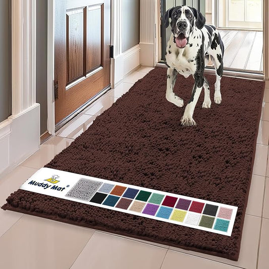 Muddy MatÂ® | Super Water Absorbent Door Mat Indoor, Microfiber Quick Dry Chenille Entryway Rug, Slip Resistant Front Door Mat, Indoor Mats for Entryway, Machine Washable Pet Rug, Brown 24"x96"