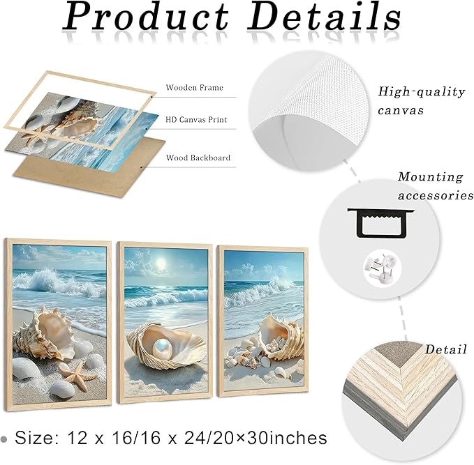 SYWENNOI 3 Piece Wood Framed Beach Wall Art, Sandy Shore, Pearl in Shell