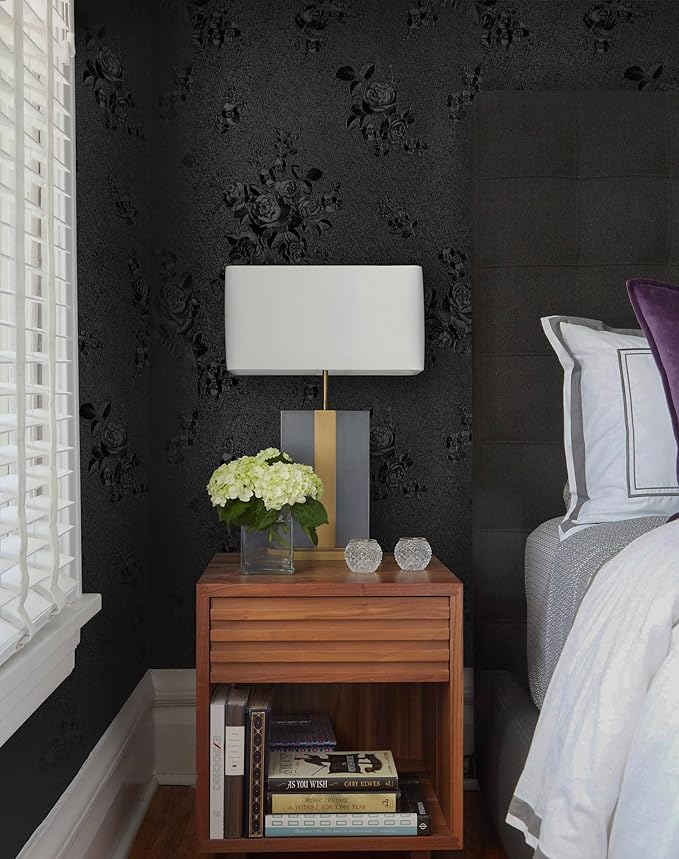 Erfoni Black Peel and Stick Wallpaper Black Floral Embossed Contact Paper
