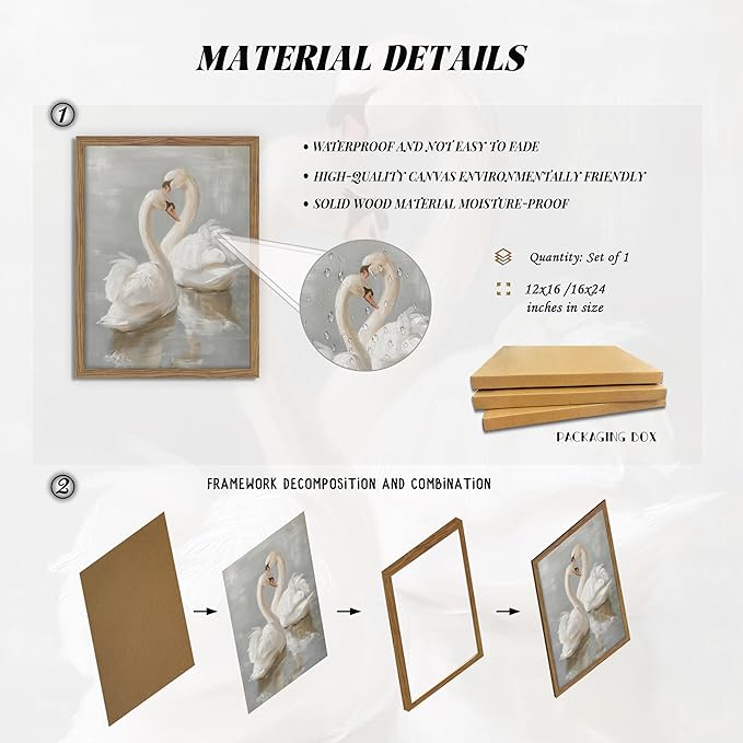 Framed White Swan Canvas Wall Art – Vintage Romantic Swan Oil Painting