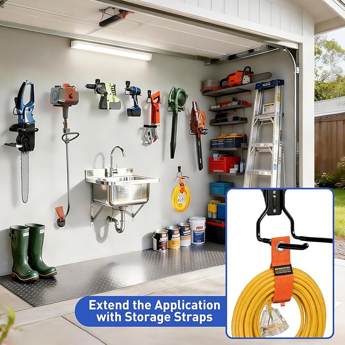 Heavy Duty Garden Power Tool Hanger, Garage Storage Utility Hooks with Storage Straps, Electric Tool Hooks, String Trimmer Hangers, Garden Tool Organizer, Weedeater Rack (1, Black)