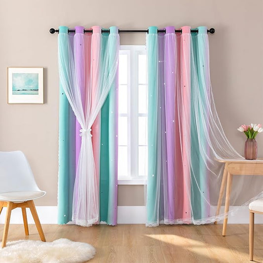 XiDi Curtains for Bedroom Decor, Kids Room Curtains for Girls Rainbow Colour