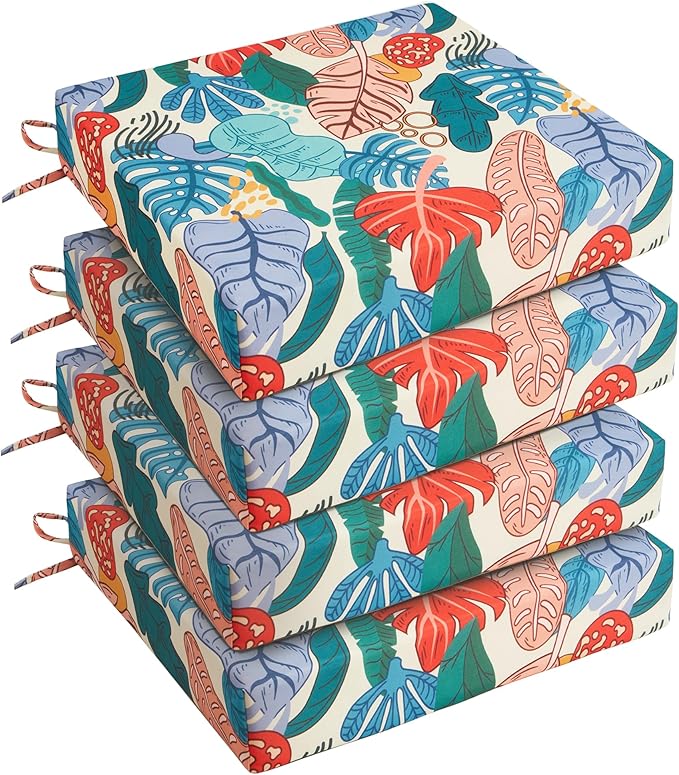 UNIKOME Outdoor Chair Cushions Pack of 4, Water Resistant Patio Cushions with Ties, High Density Sponge Filling Square Corner Seat Cushions for Outdoor Furniture, 24"*24"*4", Palm Tropical