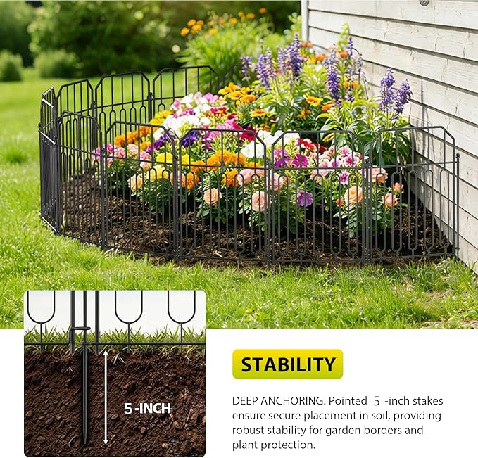 VANCASTLE Decorative Garden Fence, Toatal 25FT(L) x 21IN(H) Outdoor Metal No Dig Fence Animal Barrier, Rustproof No-Tool Assembly Landscape Edging for Yard, Lawn, Patio, Flower Bed-25 Panels Design I