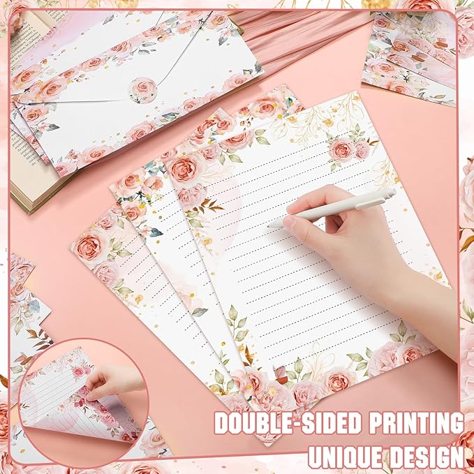 TaoBary 160 Pcs Stationery Paper Set 50 Double Sided Stationery Papers with 50 Matching Envelopes and 60 Round Dot Sticker, 10 Design(Floral,8.5 x 11 Inch)