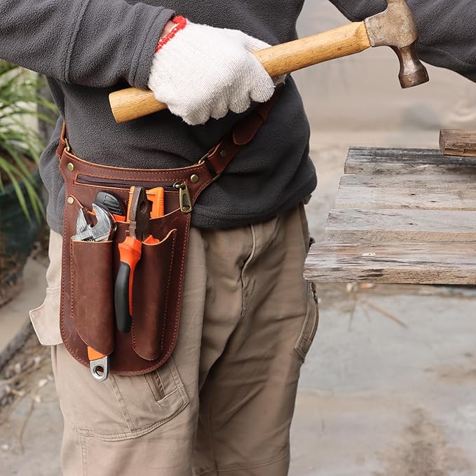 Tourbon Leather Gardening Belt Florist Tool Bag Gardener Holster Waist Pouch Electrician Carpenter Organizer Kit with 4 Pockets Up to 44"", Brown