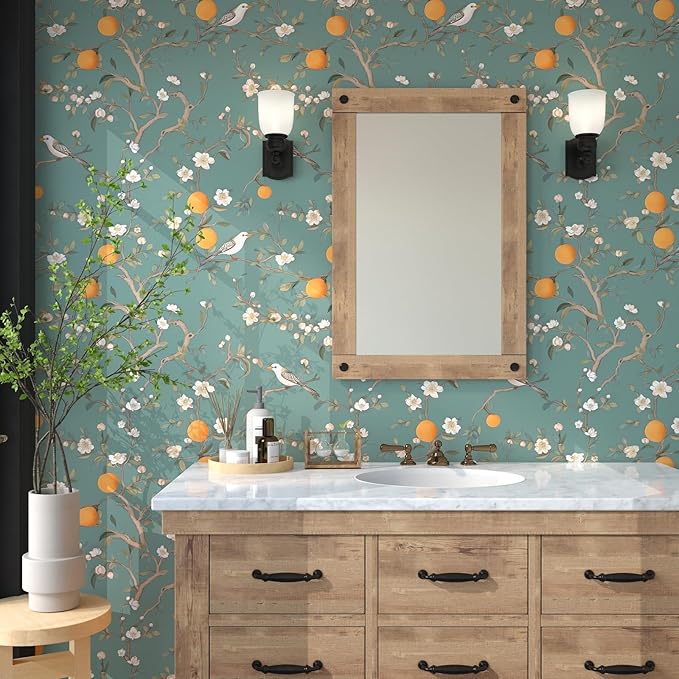 Green Floral Wallpaper Peel and Stick, Birds & Orange Fruits Contact Paper