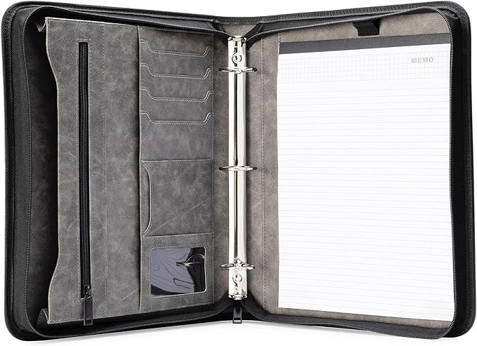 Forevermore Portfolios Portfolio Organizer - 1.5" 3 Ring Binder with Notepad - Zippered Storage Pouch for Papers, Travel Documents, Presentation Folder with Pockets for Card, Passport, Tickets - Gray