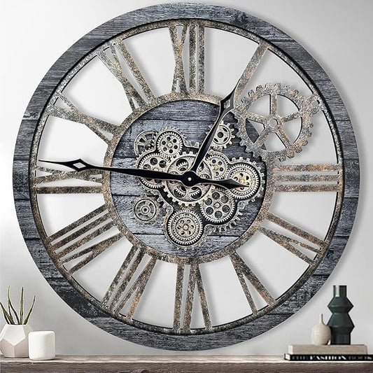 B-Style Large Wall Clock 18 Inch Moving Gear Oversized Vintage Farmhouse Rustic