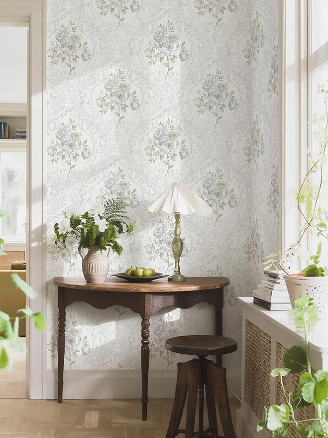 Ismoon Floral Peel and Stick Wallpaper Vintage White and Grey Contact Paper