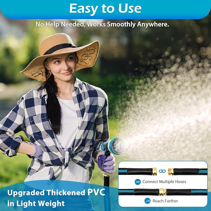 100FT Non-Expandable Garden Hose, Flexible Water Hose with Spray Nozzle, Kink-Resistant, Leakproof 3/4" Brass Connectors, Lightweight & Portable Water Pipe for Yard, Lawn Outdoor