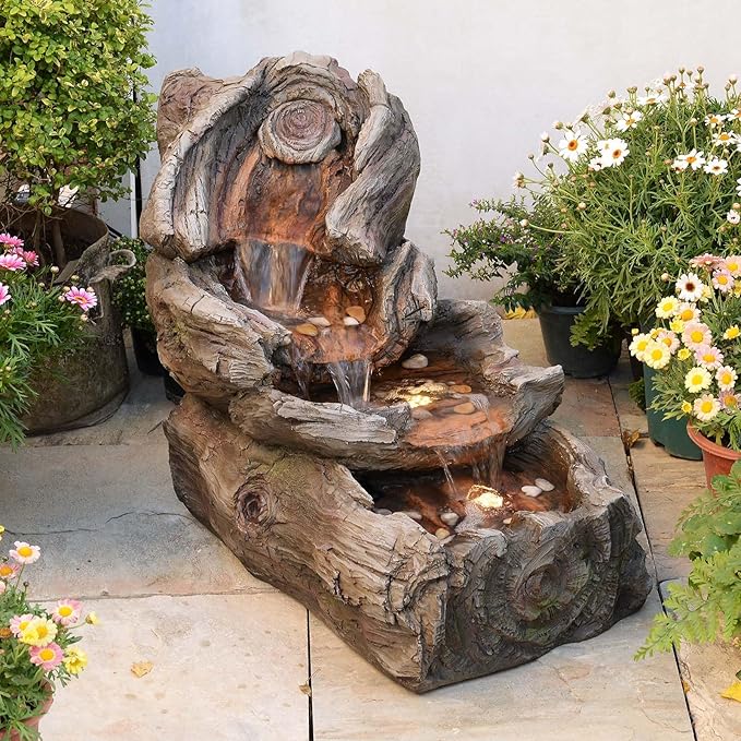 31.5" L Garden Water Fountain Outdoor, Artifical Imitation Wood Outdoor Water Fountain Natural Waterfall with LED Lights for Patio,Porch,Backyard,Home Art Decorï¼Resinï¼