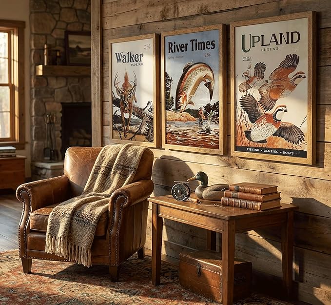 3Pcs Framed Retro Hunting Canvas Wall Art Outdoorsy Wild Animal Wall Decor Pictures Nature Wilderness Deer Wild Duck Fishing Posters Prints Gift Send Hunter Dad for Living Room Bedroom Home Decoration