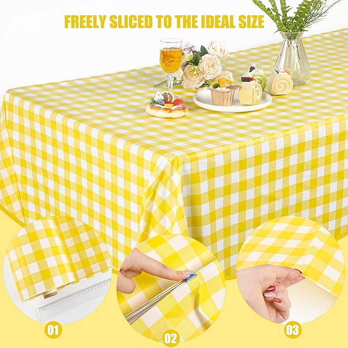 Kochorie 54 Inch x 300 Ft Light Yellow Checkered Plastic Table Cloth Roll
