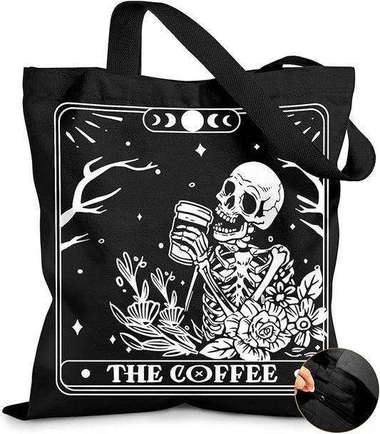 Miss Adola Canvas Tote Bag for Women â Aesthetic Canvas Bag with Zipper Cute Stylish Reusable Shoulder Totes for Shopping Work Daily Vacation, Coffee Skull