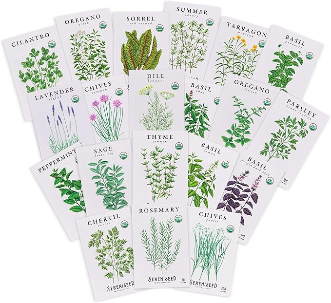Sereniseed Certified Organic Herb Seeds (20-Pack) â Non GMO, Heirloom â Seed Starting Video â Basil, Cilantro, Oregano, Thyme, Parsley, Lavender, Chives, Sage, Dill Seeds for Indoor & Outdoor Planting