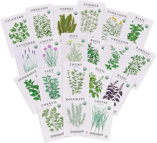 Sereniseed Certified Organic Herb Seeds (20-Pack) â Non GMO, Heirloom â Seed Starting Video â Basil, Cilantro, Oregano, Thyme, Parsley, Lavender, Chives, Sage, Dill Seeds for Indoor & Outdoor Planting