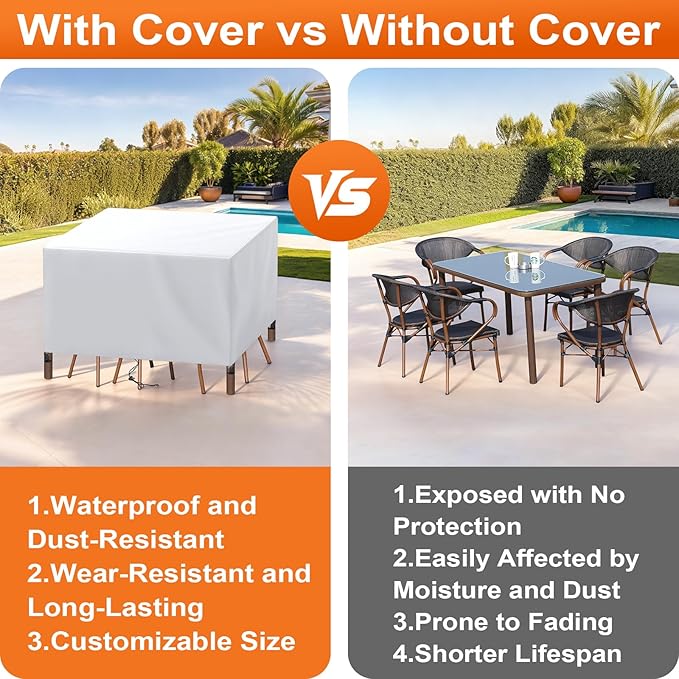 Patio Furniture Cover Rectangle 80"(L) x 56"(W) x 32"(H), Custom Heavy Duty 420D Waterproof Outdoor Cover with Drawstring & Buckles for Table Chair Garden, Silver