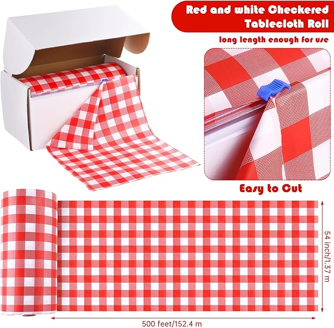 Kochorie 54 Inch x 500 Ft Red Checkered Plastic Table Cloth Roll Disposable