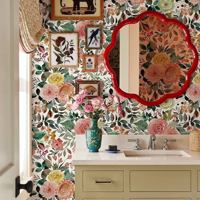 JiffDiff Floral Wallpaper Peel and Stick Pink Floral Wall Mural Removable Peony