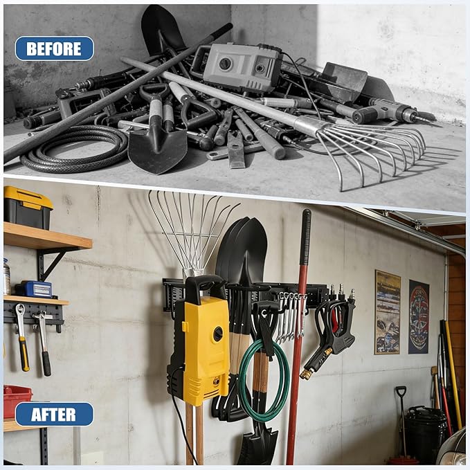 66'' Garage Tool Organizer Wall Mount 21PCS, 750lbs Heavy Duty Garden Tool Organizer with 17 Adjustable Hooks, Yard Tool Hanger for Shovel Rake Broom Ladder, Garage Wall Organization, Men's Gift