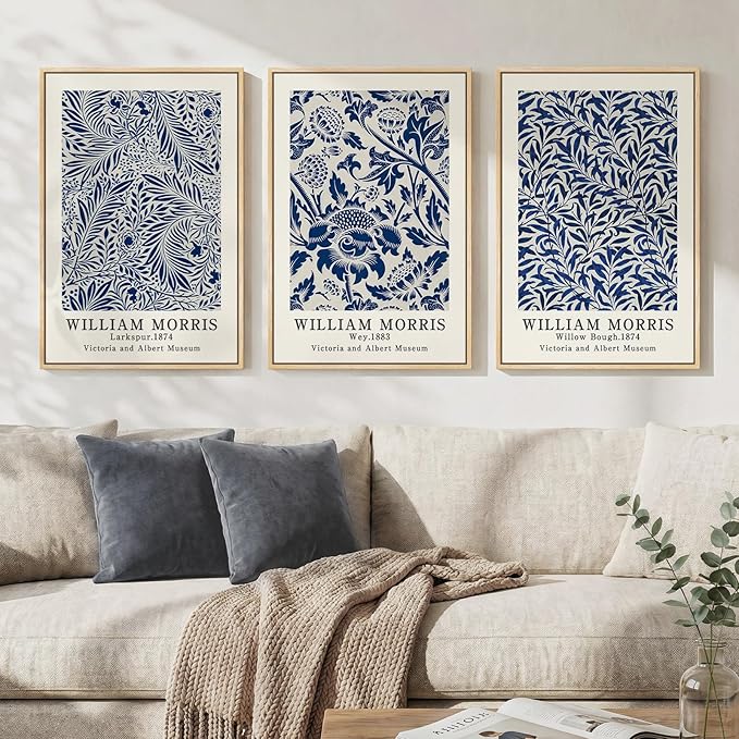 Framed Large William Morris Wall Art Set of 3, Vintage Blue Botanical Floral