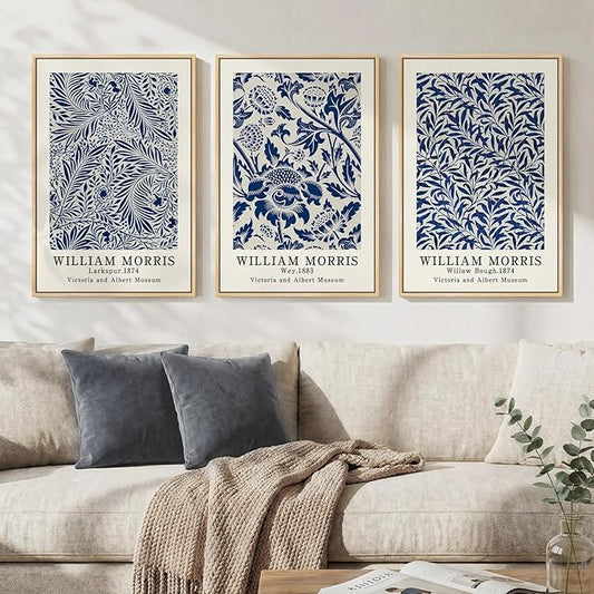 Framed Large William Morris Wall Art Set of 3, Vintage Blue Botanical Floral