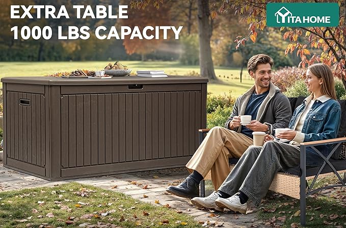 YITAHOME 320 Gallon Double-Wall Deck Box with Divider & Side Handles, Outdoor Large Storage for Patio Furniture Cushions, Garden Pool Accessories, Water Resistant & Lockable, Dark brown