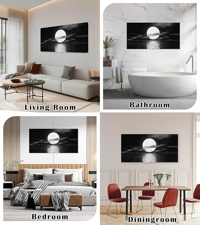 Cao Gen Decor Art S06498 Wall Art Canvas Sea White Full Moon in Night Picture