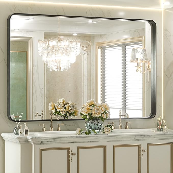 TETOTE Black Bathroom Mirror, 55 x 36 Inch Matte Metal Frame Modern Farmhouse