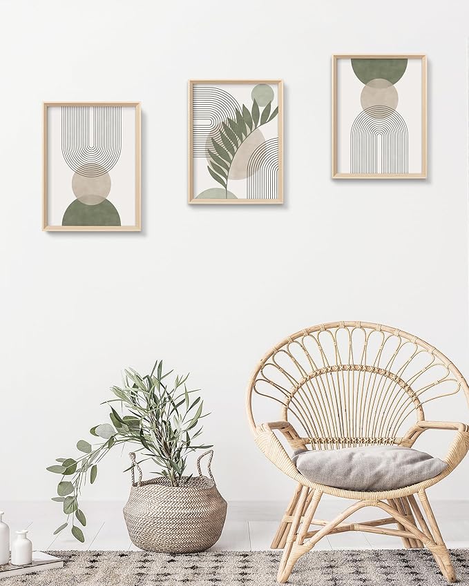 HesenDot Boho Sage Green Framed Wall Art, 12x16in High Framed Design Canvas