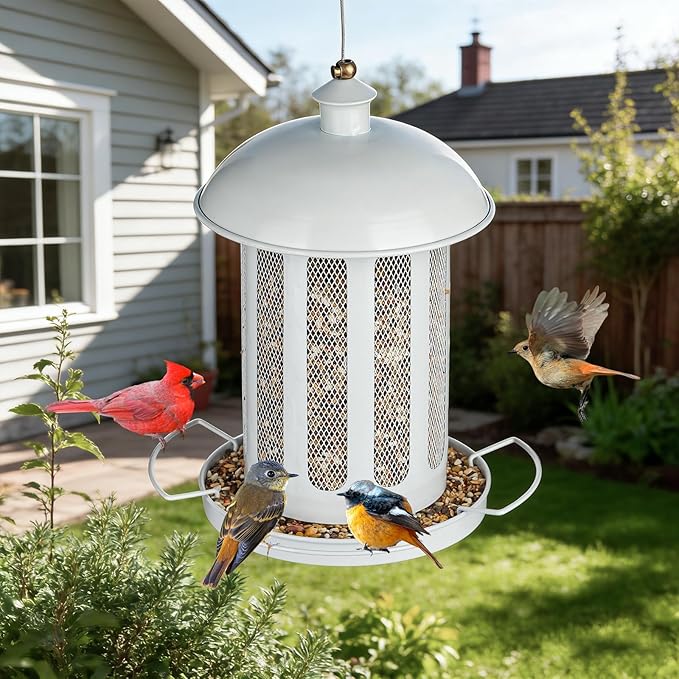 Bird Feeder, Large Capacity Bird Feeders for Outdoor Hanging, Heavy Duty Metal Wild Birdfeeder for Outside Garden Yard Decor, Retro Lantern Shape (White)