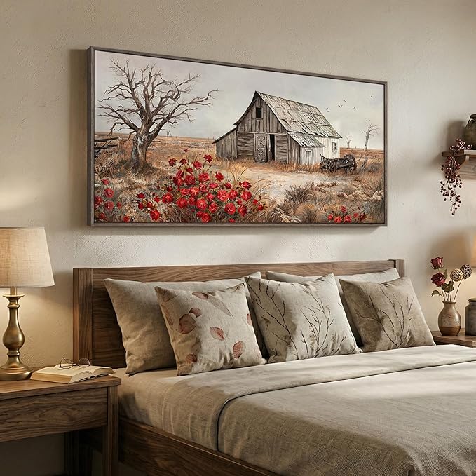 Large Framed Farmhouse Wall Art for Living Room, Vintage Barn Landscape Canvas Prints, Rustic Red Floral Country Wall Decor for Bedroom Dining Room Hallway 30x60 Inch