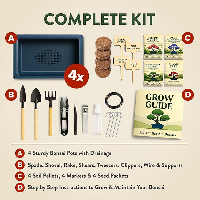 HOME GROWN Bonsai Tree Starter Kit – Unique Christmas Gift for Adults, Men, Women - Grow 4 Bonsais & Indoor Organic Herb Garden Kit – Unique Christmas Gift for Adults, Men, & Women - Grow 4 Herb Seeds
