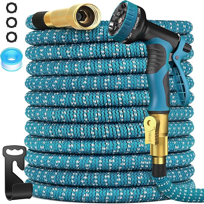 50 ft Expandable Garden Hose - 2026 Newly No-Kink 5 Layer Latex Core Water Hose with 10-Pattern Nozzle, Flexible, Lightweight, Leak-Free, 3/4” Solid Brass Fittings, 3750D Retractable Expanding Hose