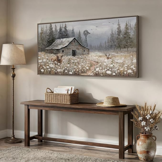 Large Framed Farmhouse Wall Art for Living Room, Vintage Rustic Landscape Horizontal Canvas Print, Retro Country Highland Cow Barn Wall Decor for Bedroom Dining Room Hallway 30x60 Inch