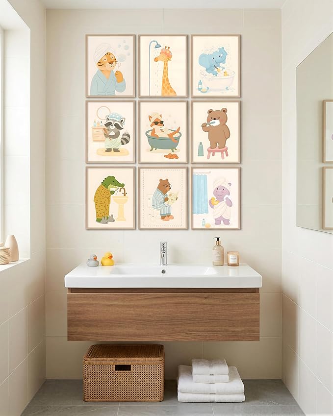 tgguytiy Kids Bathroom Wall Art Set of 9 Cute Animal Bathroom Decor