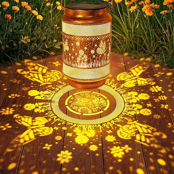 2 Pack Butterfly Solar Lanterns Outdoor Waterproof Solar Garden Decor, Birthday Gifts for Mothers Day Women Mom Grandma, Metal Hanging Lights with Shepherd Hook for Outside Yard Patio Pathway Porch