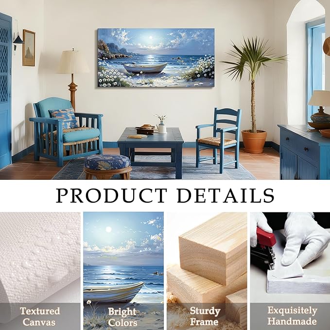 SERIMINO Beach Wall Art, Landscape Wall Art, Large Wall Decor, Coastal Boat Canvas Prints, Beachy Flowers Nature Paintings for Living Room Bedroom Dining Room Office Home Decorations 24"x48"